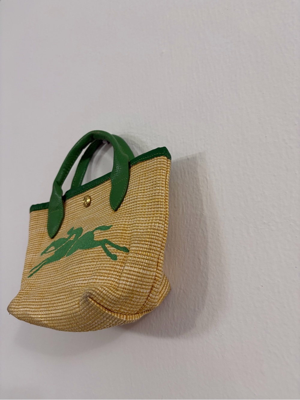 LONGCHAMP Le Panier Pliage Mini Straw Basket Tote Bag Green Horse Logo France - Picture 2 of 8